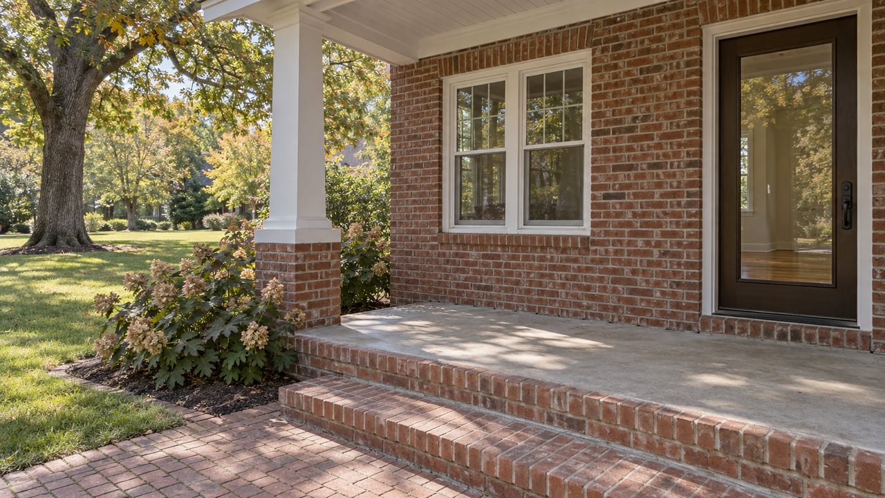 Brick home porch with a glazed entry, white column and broad steps beside an oak-shaded lawn and oakleaf hydrangeas.