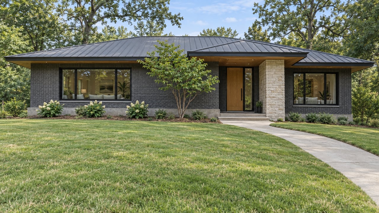 Contemporary single-story brick and stone home beyond a broad lawn, with a curved concrete approach and mature oak trees.