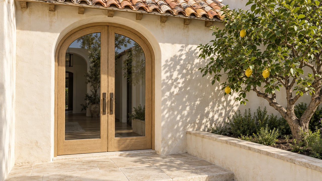 Cream stucco entry with arched oak-framed glass doors, a limestone terrace and a lemon tree in warm afternoon light.