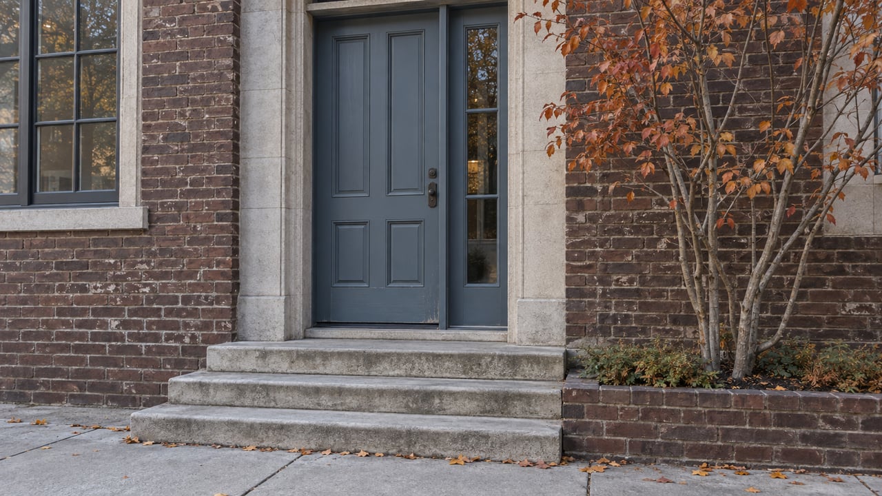Recessed blue-gray door with a limestone stoop in a weathered brick facade, beside a small tree with russet leaves.