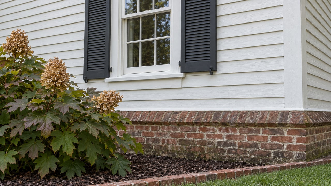 White clapboard facade with paired dark shutters, an aged brick foundation and bronze-green oakleaf hydrangea foliage.