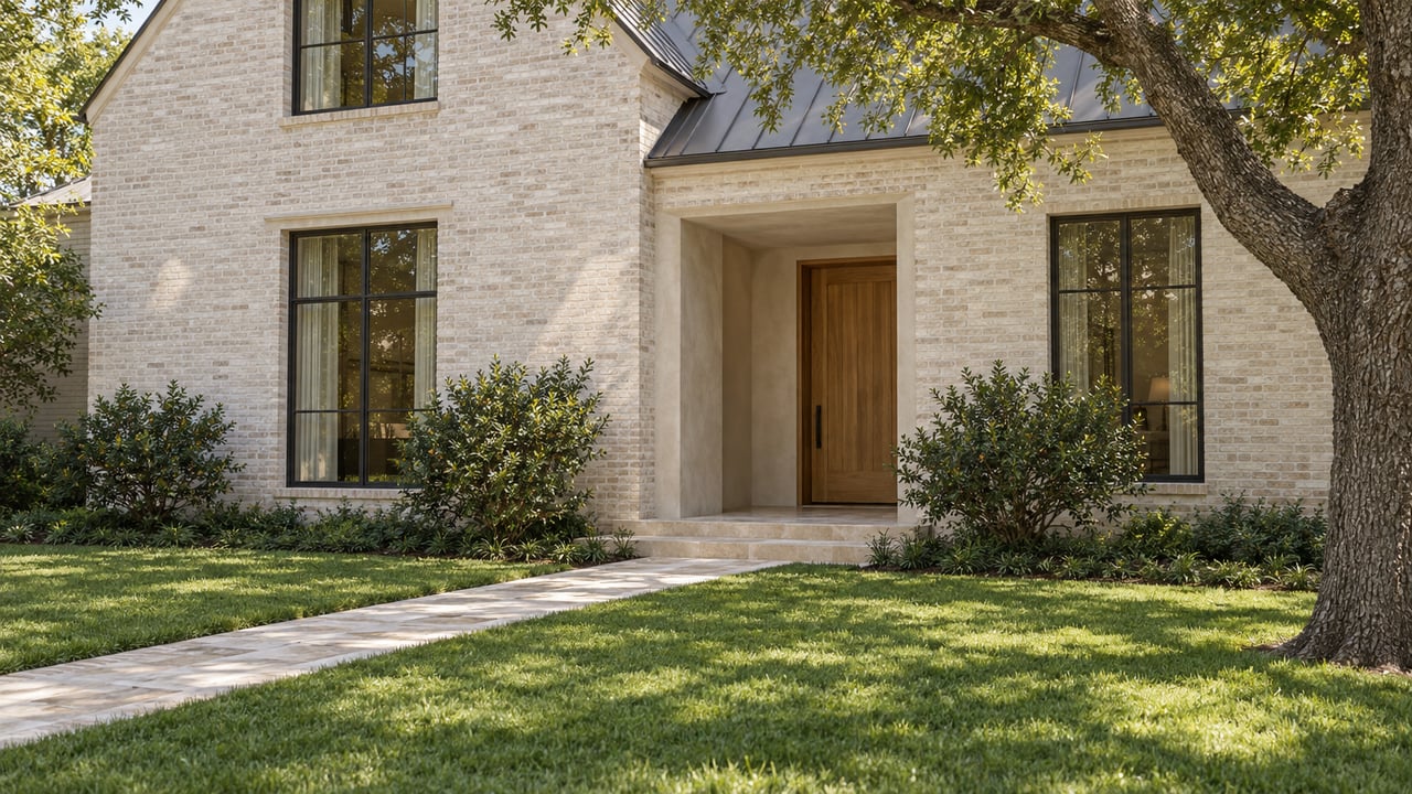 Pale brick two-story house with a recessed oak entry, limestone path, broad lawn, and mature oak canopy.