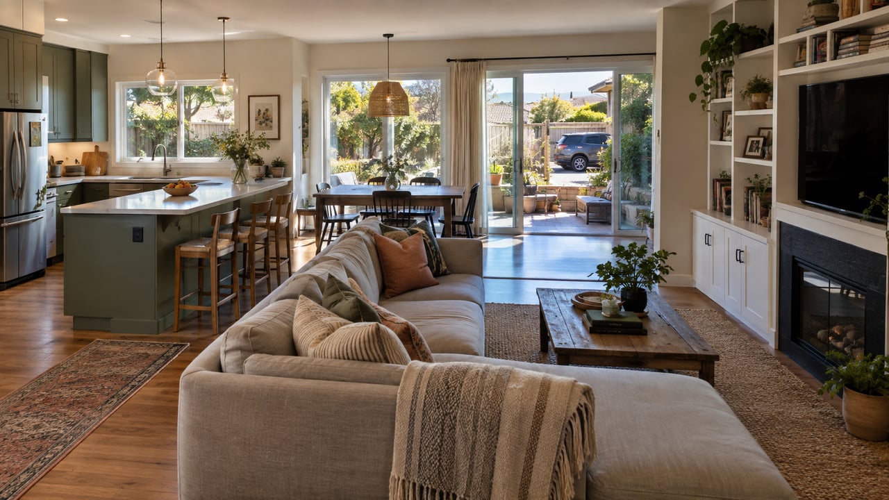 A connected living area shows practical storage, natural light, usable outdoor access, and everyday function in one cohesive Central Coast home.