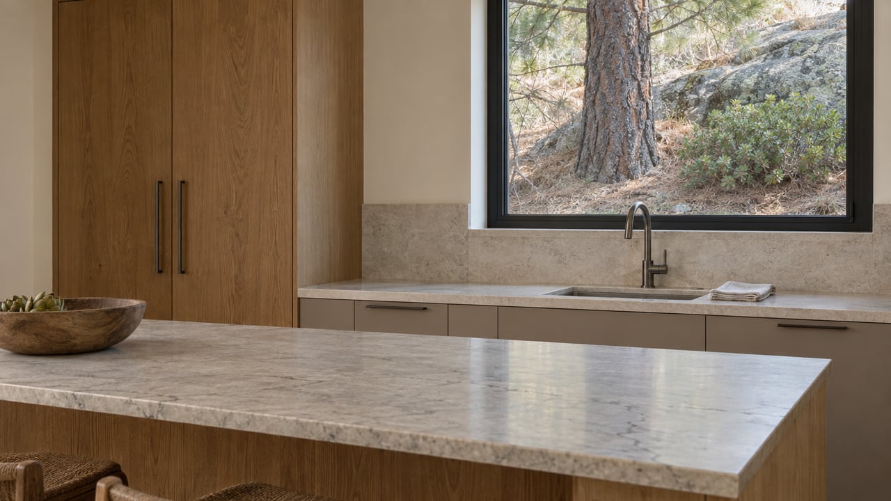 Mountain condo kitchen with a pale stone island, oak cabinets, and a window overlooking a pine-covered granite slope.