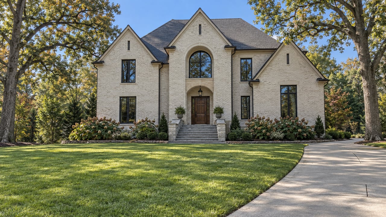 A pale brick home with steep dark gables and a broad stone entry stands behind a deep lawn, framed by two mature white oaks.