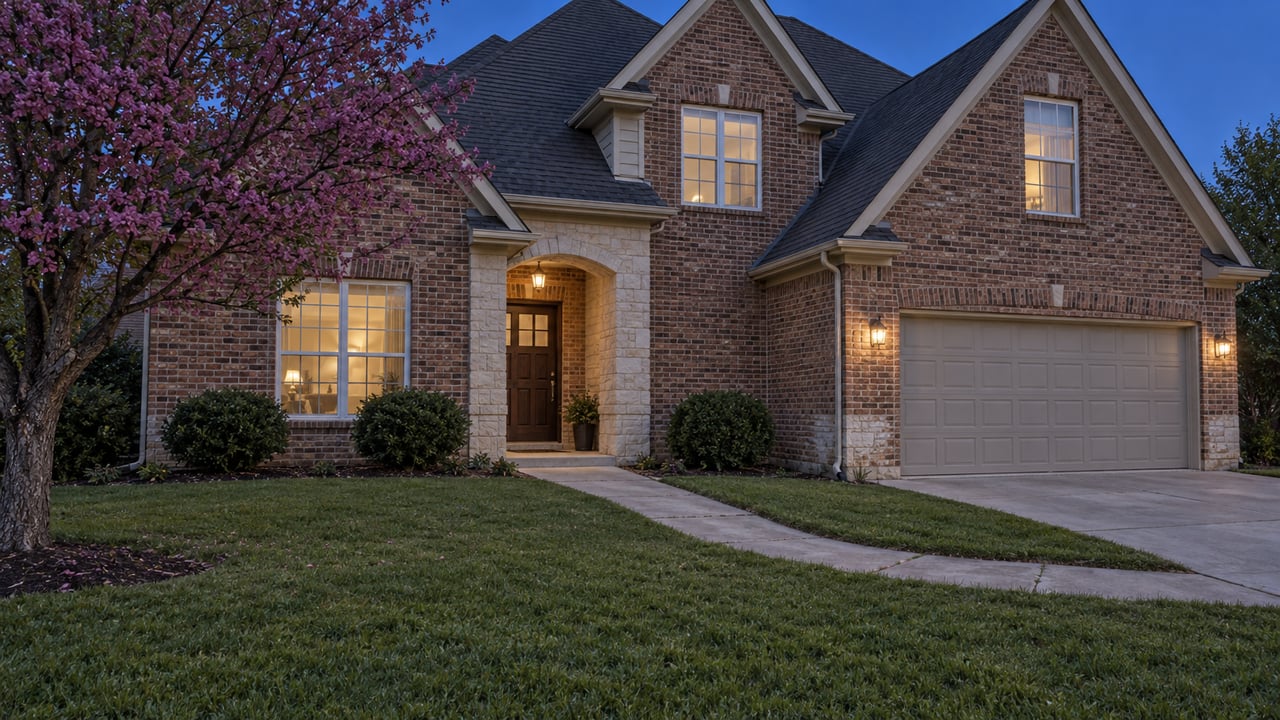 Two-story brick house with steep gables, a deep lawn, and warm light behind closed windows at dusk.