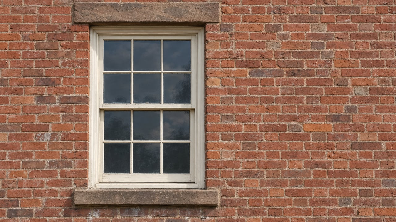 Closed ivory-painted multi-pane sash window with a brown sandstone lintel and sill set in weathered red brick.