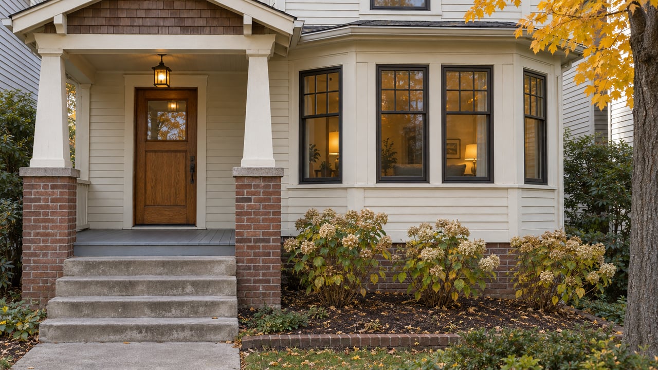 Ivory clapboard home with a raised brick-and-timber porch, projecting bay windows and a small autumn garden.
