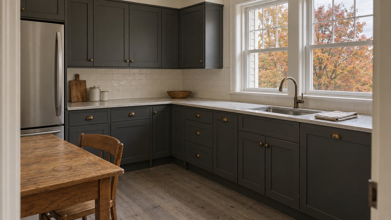 Compact kitchen with charcoal shaker cabinets, pale counters, worn gray floorboards and autumn maple leaves visible through closed windows.