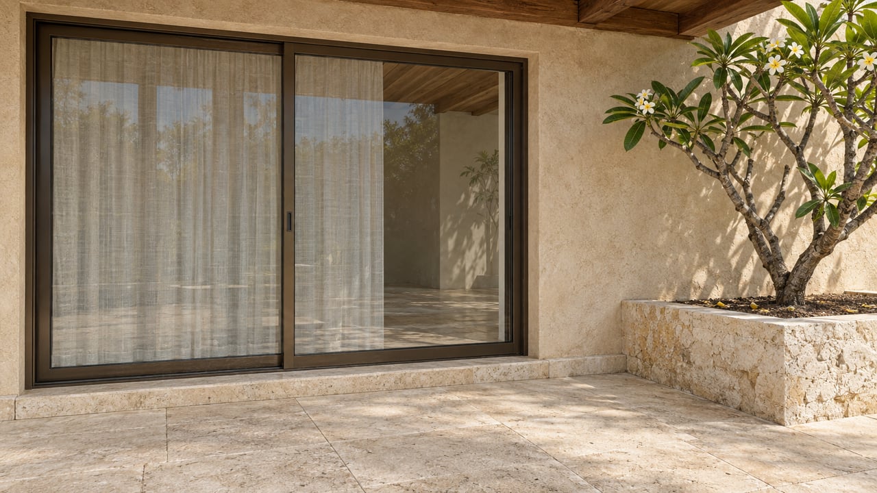 Closed bronze-framed glass doors set into a sand-stucco wall beside a stone planter with a plumeria tree.
