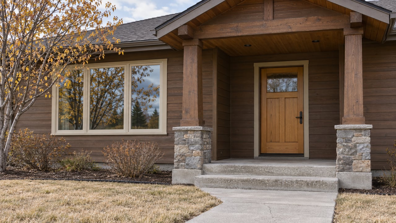 Weathered timber-sided home with a covered wood entry, stone post bases, concrete steps, and an autumn serviceberry beside dormant lawn.