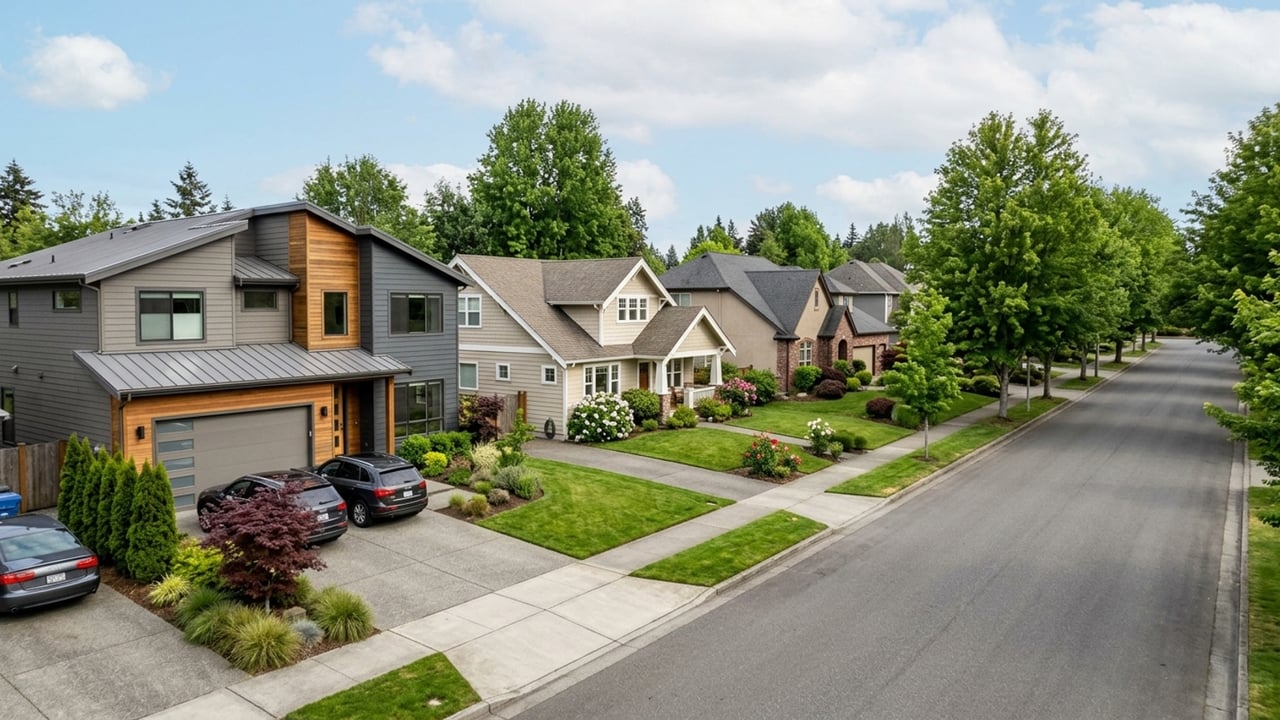 Tree-lined suburban street with detached homes, landscaped yards, and parked cars.