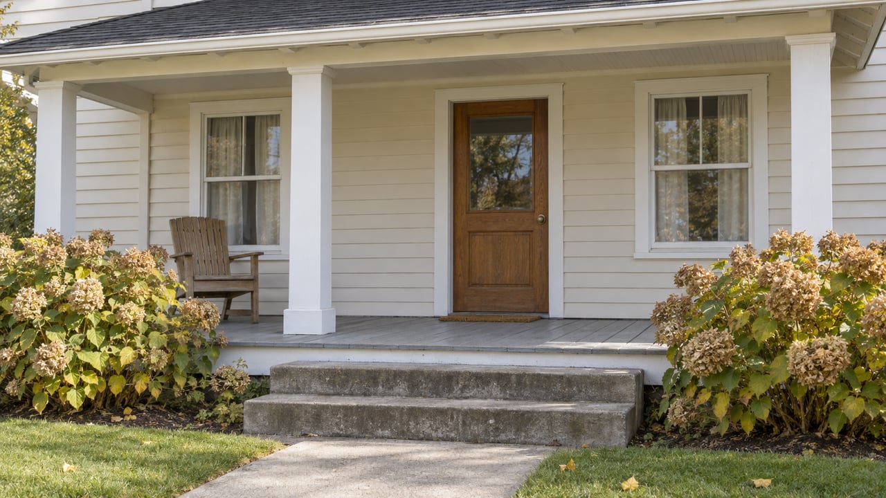 Cream clapboard bungalow porch with white posts, a wooden door, worn gray floorboards and autumn hydrangeas beside concrete steps.