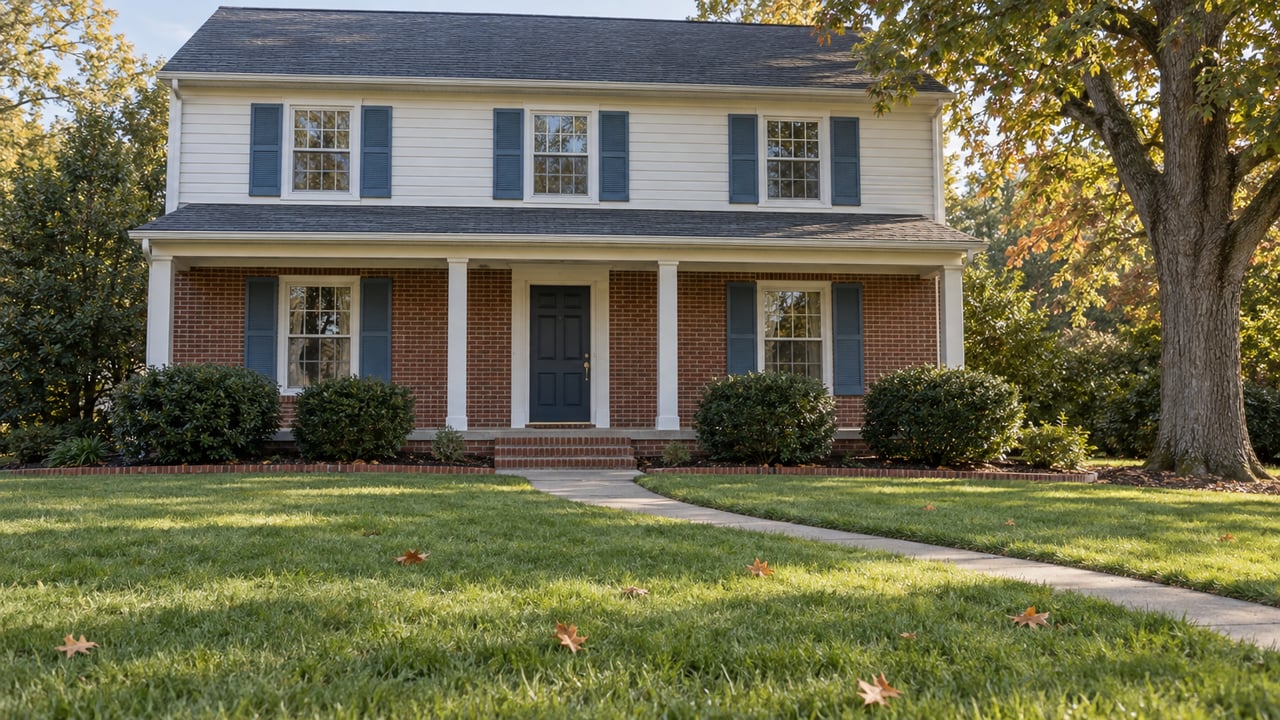 A brick-and-ivory clapboard home with blue shutters, a deep autumn lawn and a mature white oak in morning light.