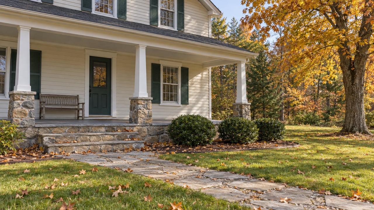 Ivory clapboard home with a covered porch, dark green shutters and an amber sugar maple beside a fieldstone approach.