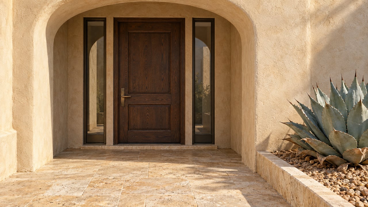 Sunlit sand-colored plaster arch framing a recessed oak entrance with paired sidelights, limestone paving and a blue-gray agave in a raised gravel bed.