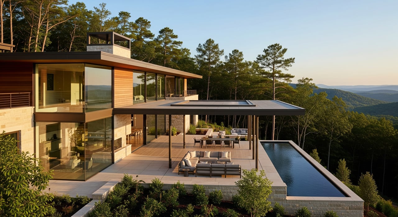 Modern wood-and-glass mountain house with a covered patio and long infinity pool overlooking forested hills.