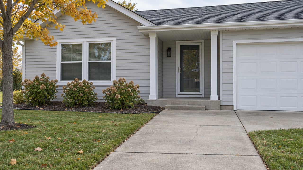 Light-gray single-story house with a recessed porch, white-trimmed windows, concrete approach and autumn lawn.
