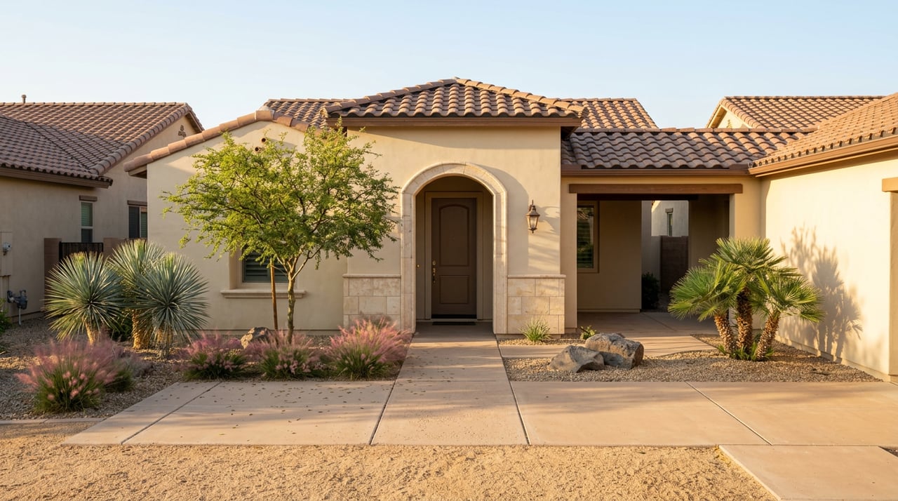 Stucco courtyard with an arched stone entry, terracotta roof tiles, desert plants, and neighboring homes.