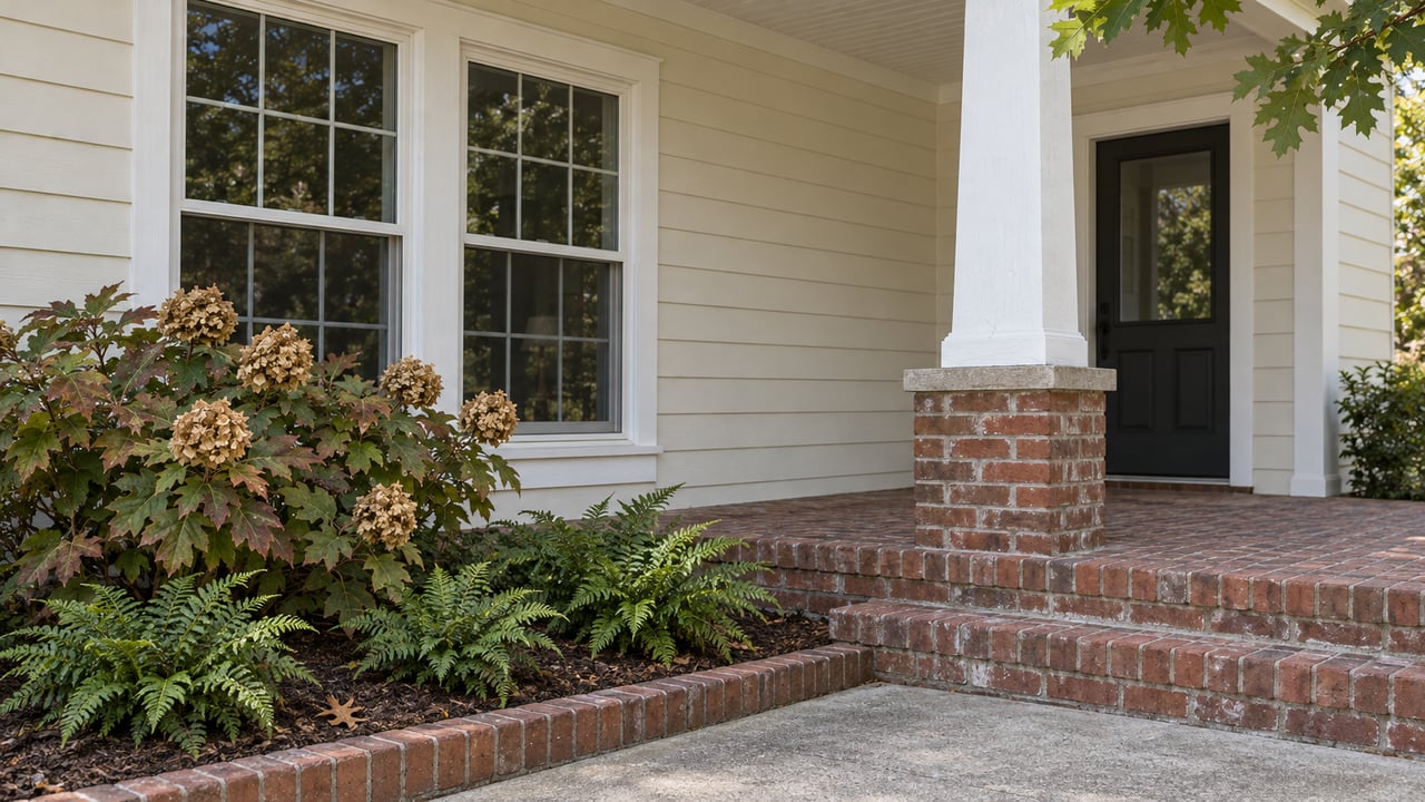 Ivory-sided home with paired windows, a white porch column on a brick base, brick steps and oakleaf hydrangea.