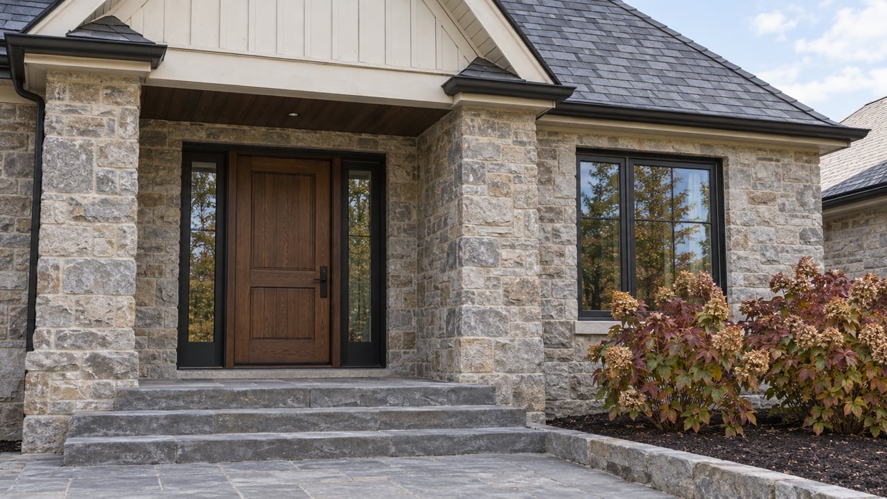 Cream cedar and stone entry with a walnut door, paired black-framed sidelights, bluestone steps and autumn oakleaf hydrangeas.
