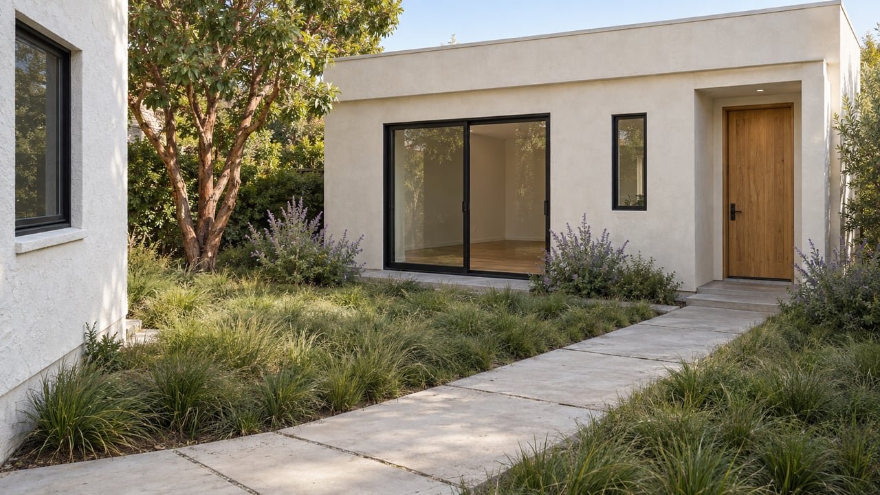 Ivory stucco backyard dwelling with black-framed glazing, viewed across a paver courtyard with a diagonal walk.