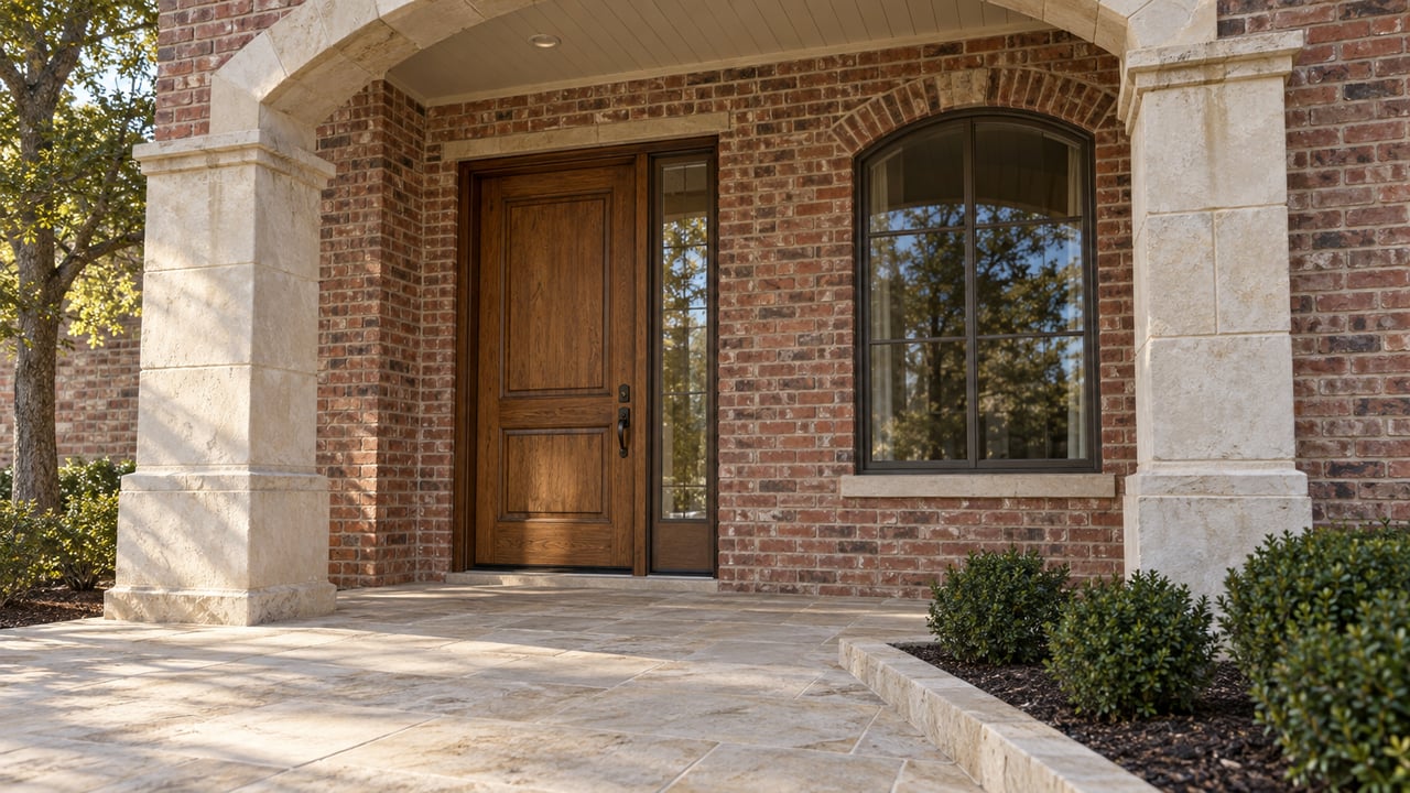 Sunlit brick and limestone entry porch with an oak door, arched window, and neatly edged planting bed.