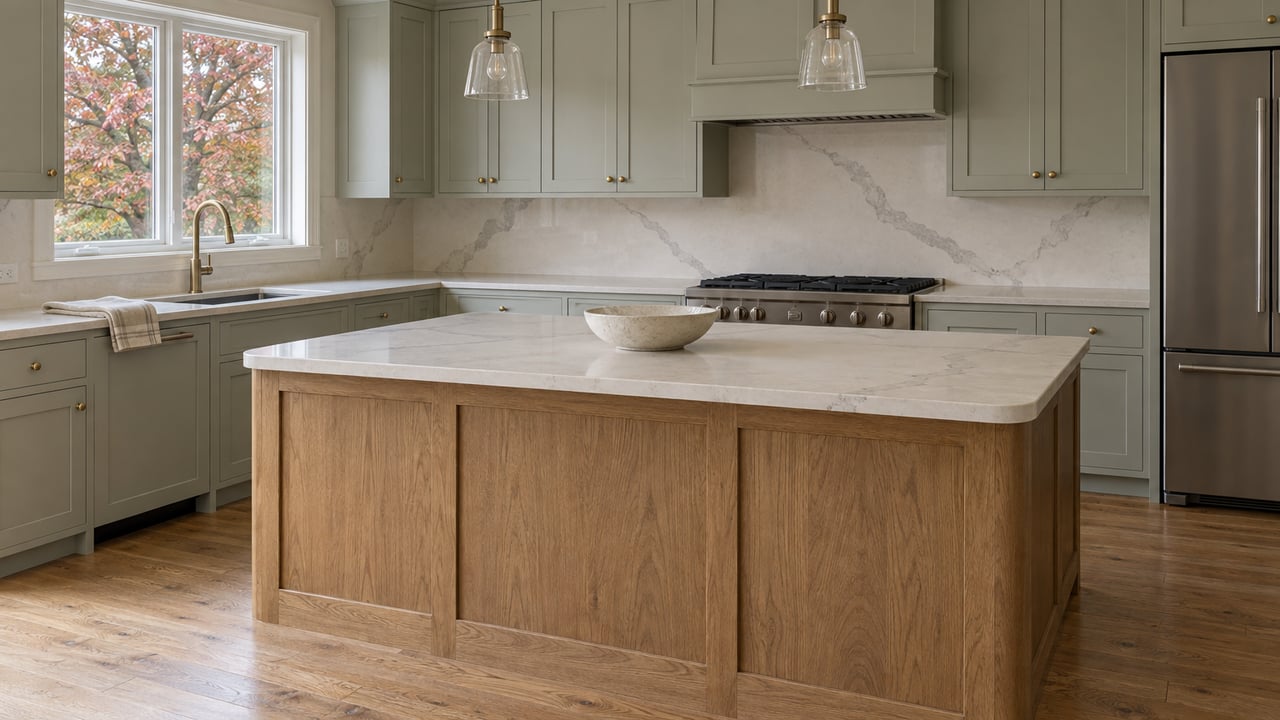 Daylit kitchen with pale gray-green cabinets, an oak island, brass hardware, and autumn red oak leaves beyond a closed window.
