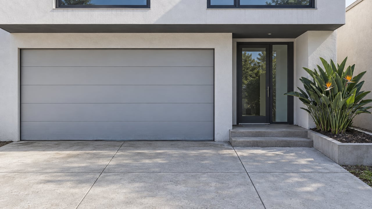 White stucco home with a pale gray garage door, recessed glass entry, concrete driveway and orange bird-of-paradise flowers.