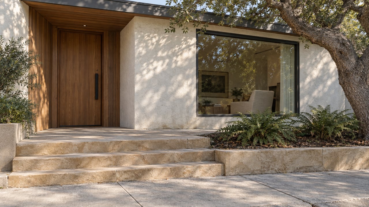 Cedar and ivory stucco home with sandstone entry steps, a large window and a mature oak beside a raised fern bed.