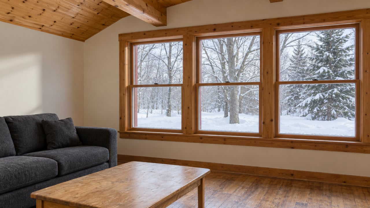A modest timber-lined living room with worn oak floors, a charcoal sofa and wood-trimmed windows overlooking snow and mature trees.