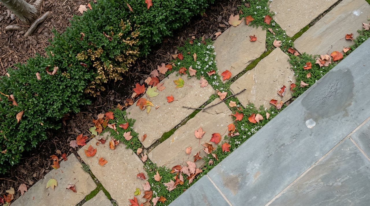 Fieldstone pavers meet a bluestone landing, bordered by thyme, boxwood, and scattered red-orange maple leaves.