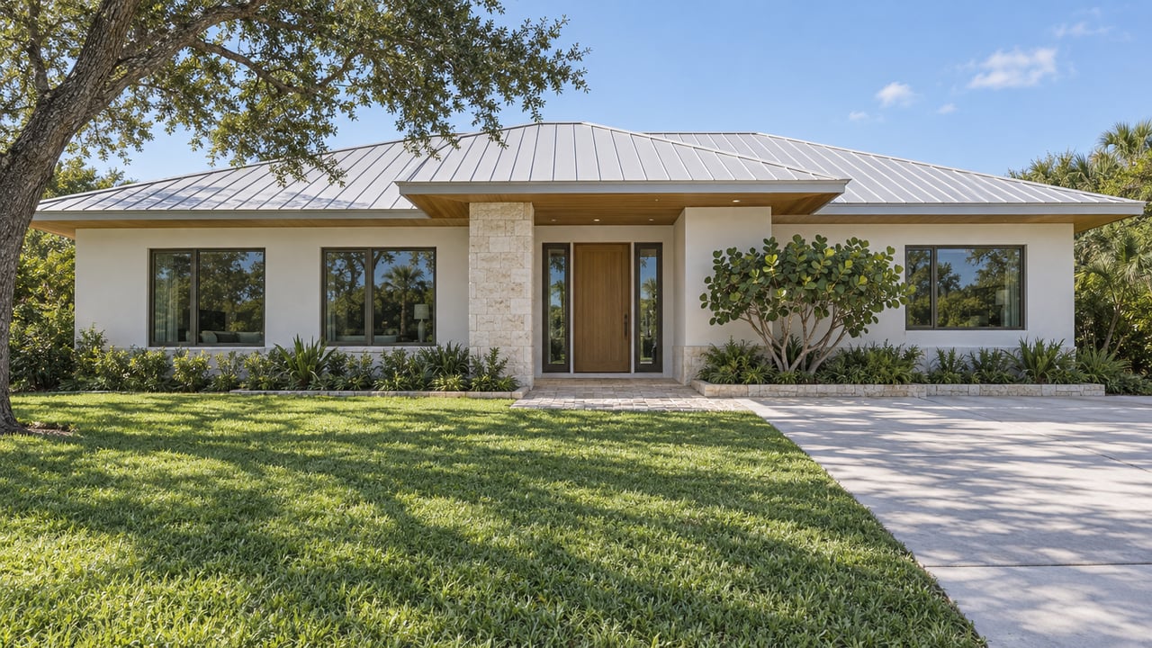 A low-roofed white stucco home behind a deep lawn, with bronze-framed glazing, a limestone entrance and mature sculptural trees.