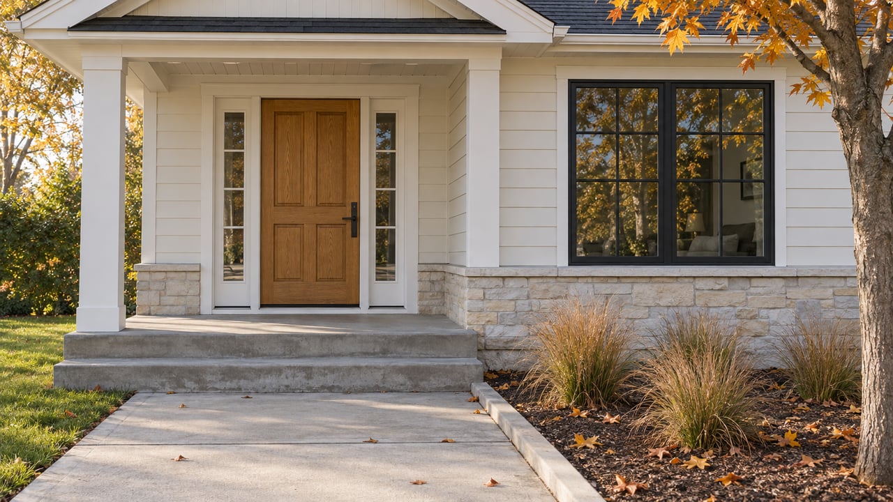 Autumn sunlight on a white-sided home's oak front door, concrete steps and amber maple leaves.