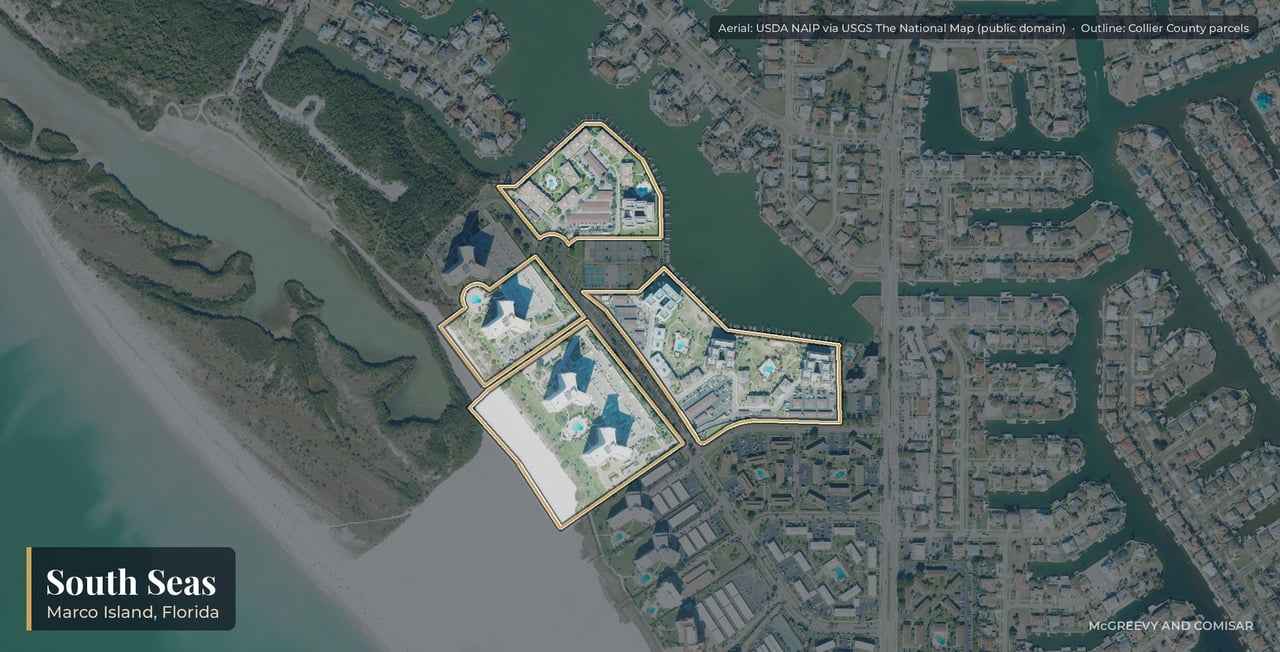 Aerial view of South Seas on Marco Island, Florida, its four 19-level towers on the Gulf beach at Seaview Court beside Tigertail Beach