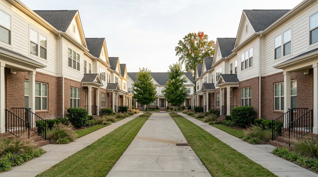 Shared walkway and lawn between facing rows of brick-and-siding townhomes, with a red-tipped tree above the roofs.