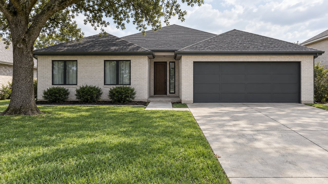 White painted-brick home with charcoal roof and garage door, a deep green lawn, an oak tree and a broad concrete driveway.