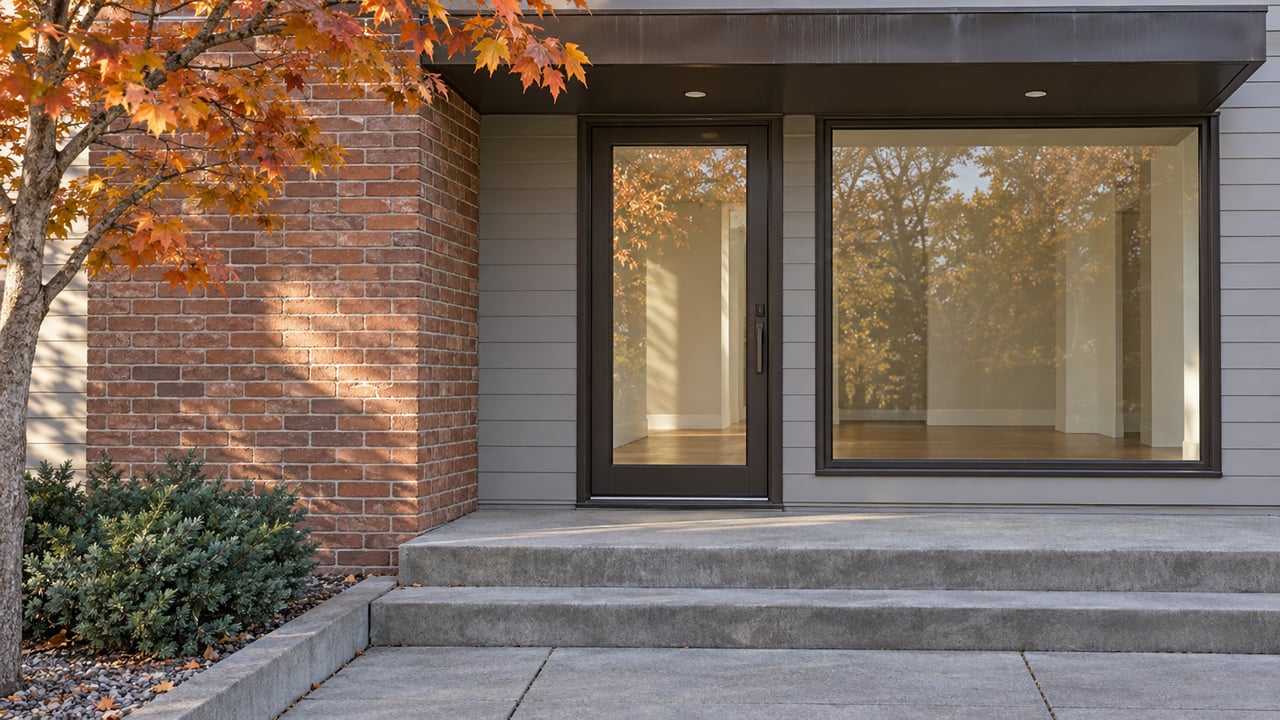 Autumn maple leaves frame a brick-and-siding home entrance with bronze-framed glass and concrete steps.