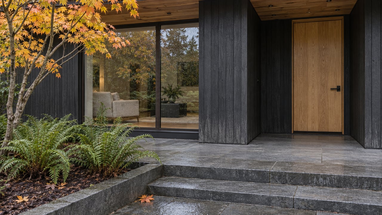 Contemporary home entry with charcoal wood siding, cedar soffit, basalt steps, and autumn vine maple beside a glazed living-room window.