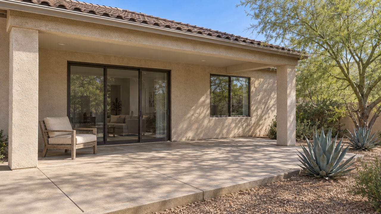 A buff stucco home with a shaded rear patio, bronze-framed glass doors, a teak lounge chair and sculptural desert planting.