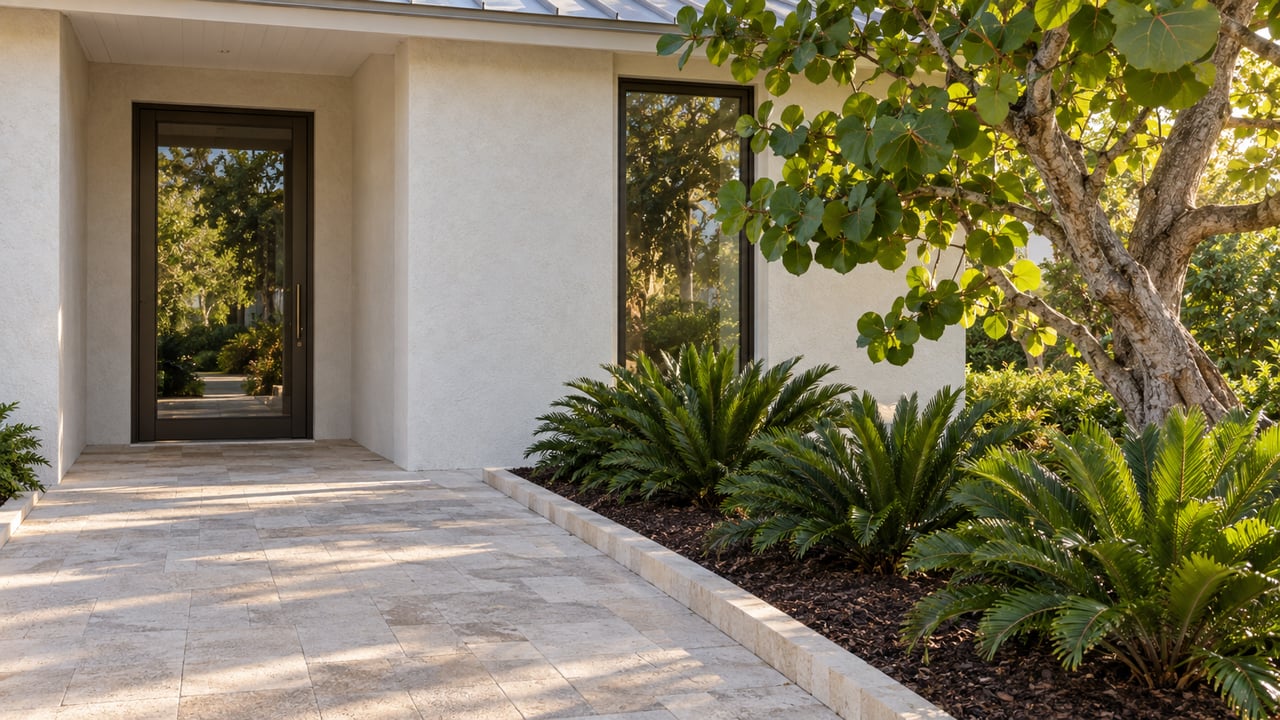 Stucco home entry with a bronze-framed glass door, limestone pavers, and a broad-leaved tree above three rosettes.