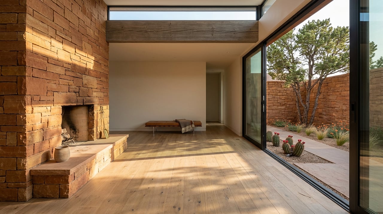 Great room with a rust-and-ochre sandstone fireplace, timber ceiling beam, and glass doors opening onto a planted courtyard.