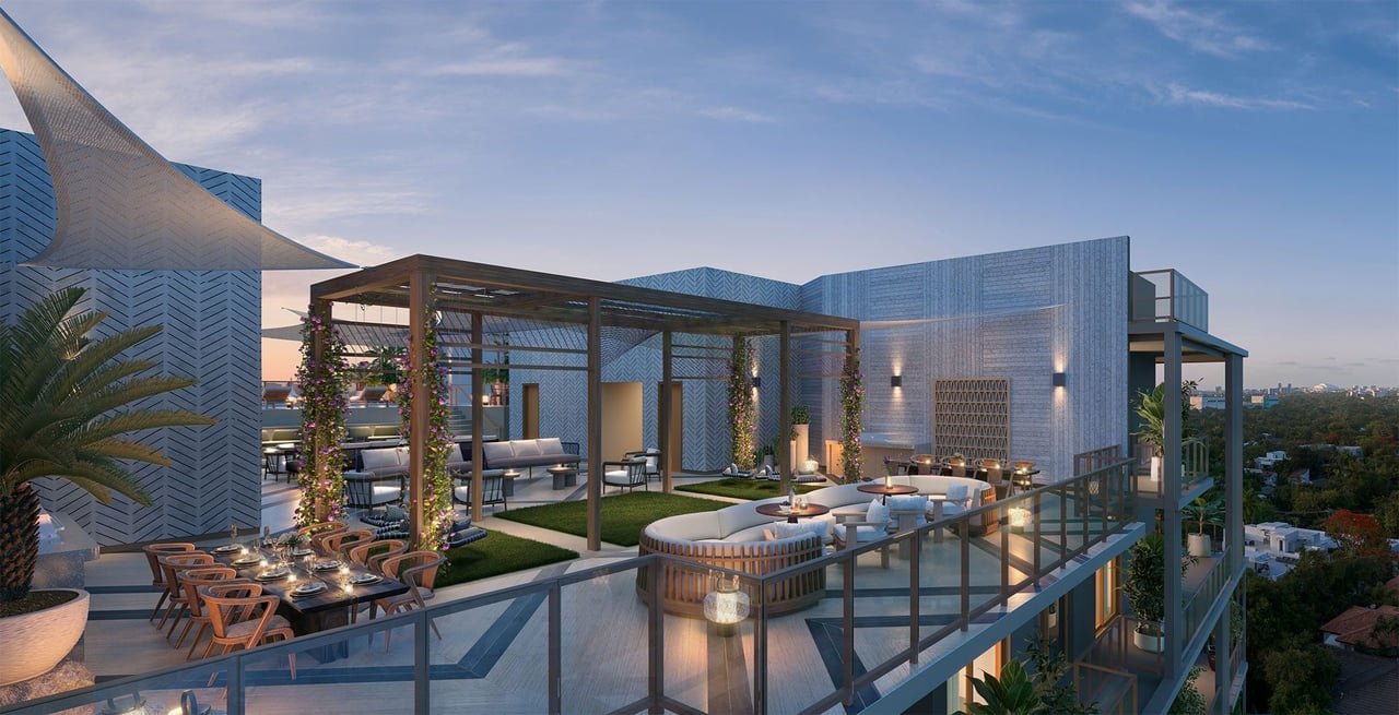 The Lincoln rooftop terrace at dusk rendering in Coconut Grove, Miami.