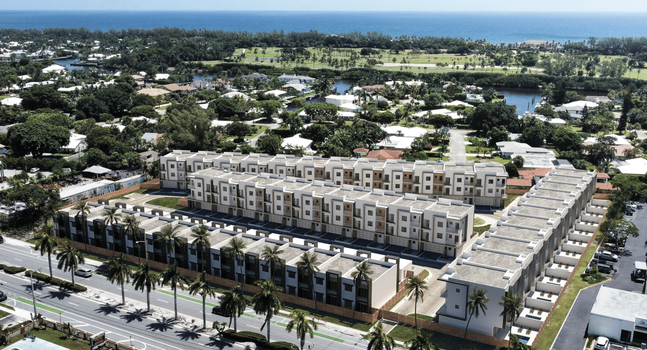 Aerial rendering of the planned 47-unit luxury townhome community at 2419 North Federal Highway, Delray Beach, showing proximity to the Intracoastal Waterway and Atlantic Ocean.