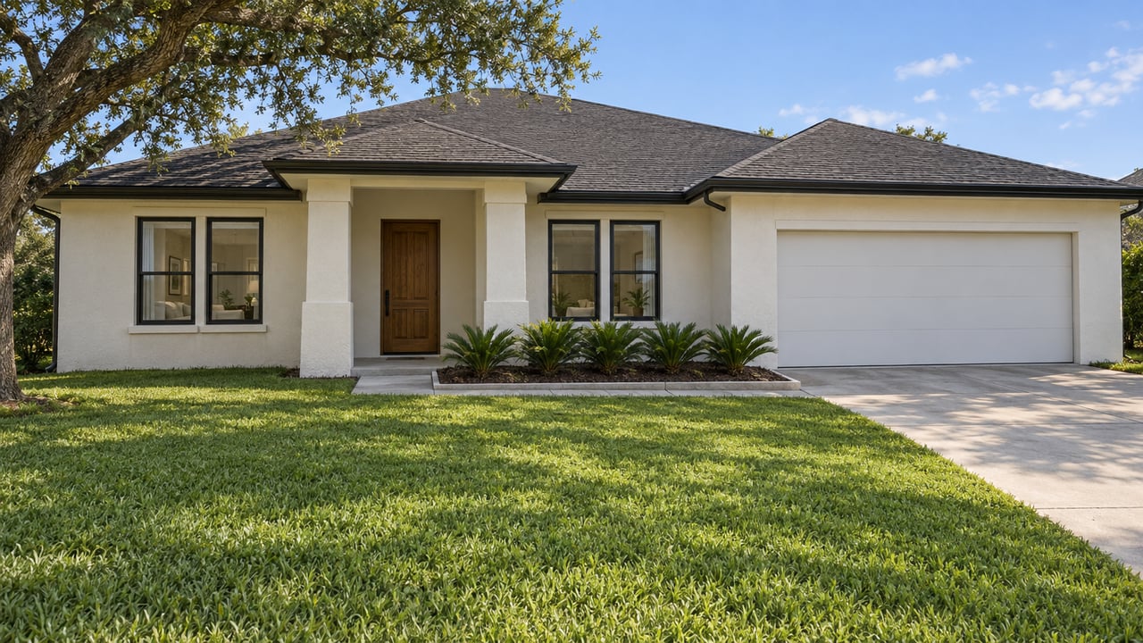 White stucco home with dark roof and black-framed windows behind a deep green lawn, shaded at one side by a spreading live oak.