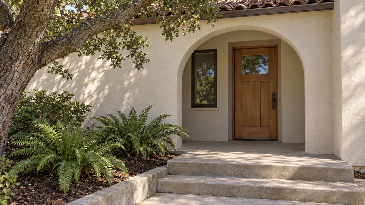 Sunlit ivory stucco entrance with an arched porch, closed oak door, concrete steps and sword ferns beneath a coast live oak.