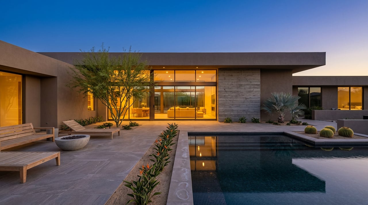 Blue-hour terrace with an amber-lit glass-walled great room, outdoor lounge, and dark-tiled pool.