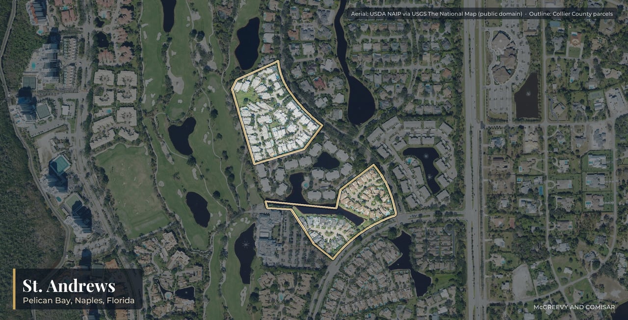 Aerial view of St. Andrews at Pelican Bay, Naples, Florida, with its parcels outlined