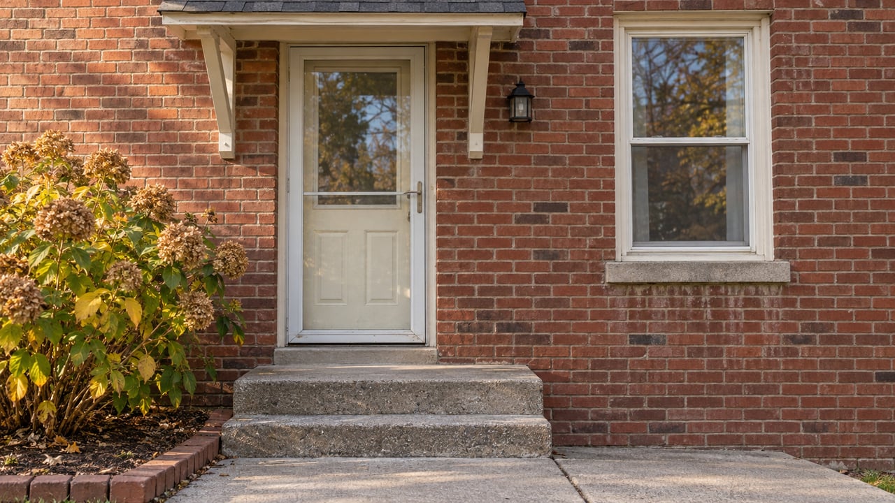 Afternoon light crosses the brick entry of a modest home, with an ivory storm door, worn concrete steps, and a hydrangea with faded autumn blooms.