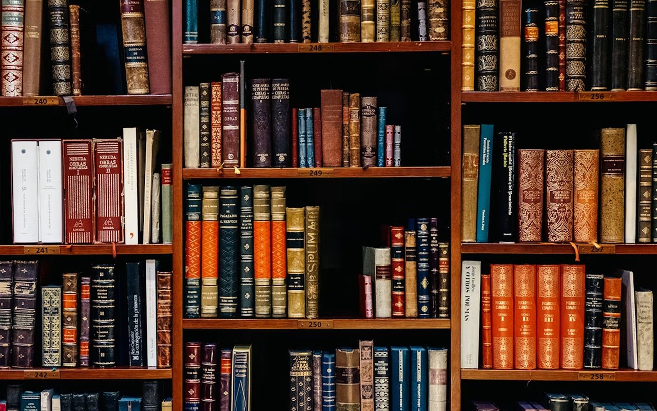 Rows of antique books fill dark wooden library shelves marked with small numbers.